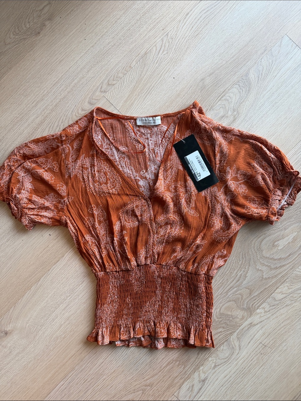 Paper Crane Rust Orange Paisley Smocked Crop Top
